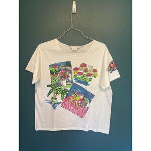 Vintage Club Caribe 100% Cotton White Graphic Tropical Vaction Shirt Size Medium